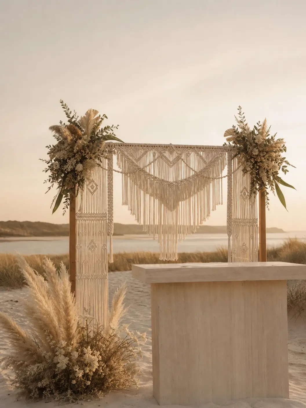 Altar de cerimônia ao ar livre na praia com painel de macramê drapeado entre colunas de bambu e arranjos de pampas ao pôr do sol