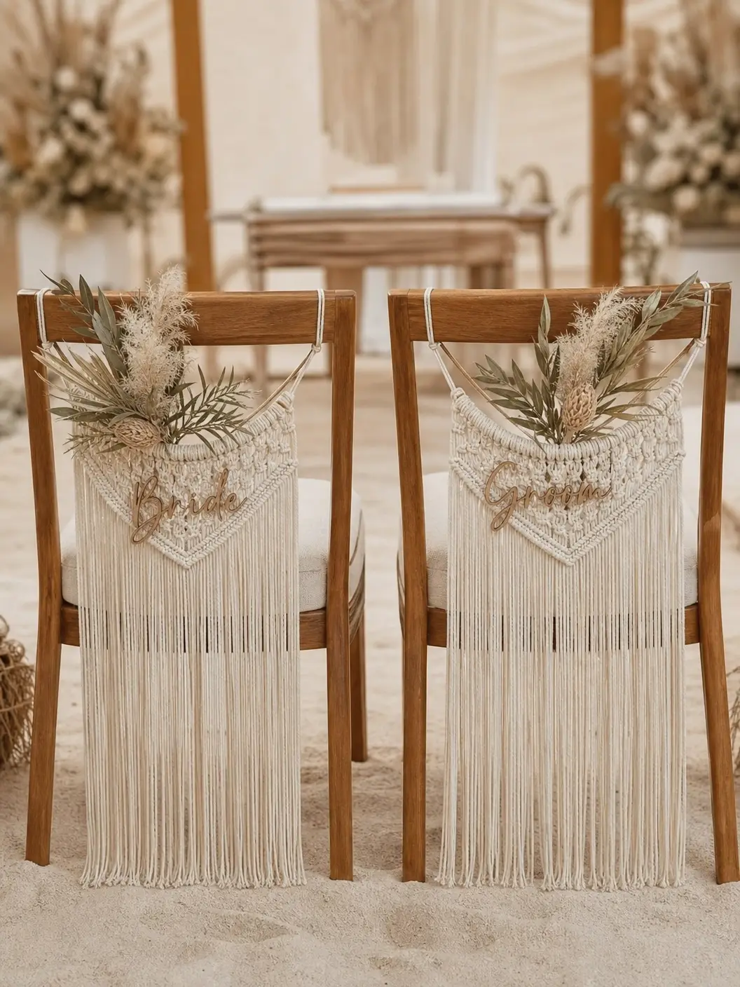 Painéis de macramê com franjas longas e plaquetas Bride e Groom sobre cadeiras de cerimônia