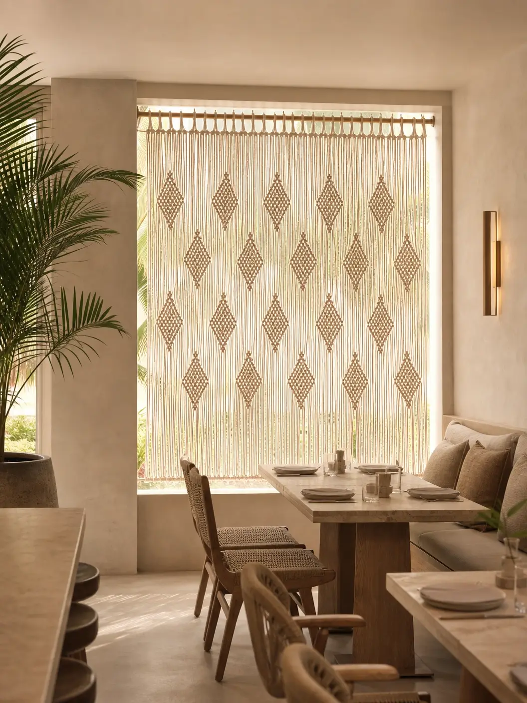 Cortina de macramê com padrão de losangos em janela de restaurante