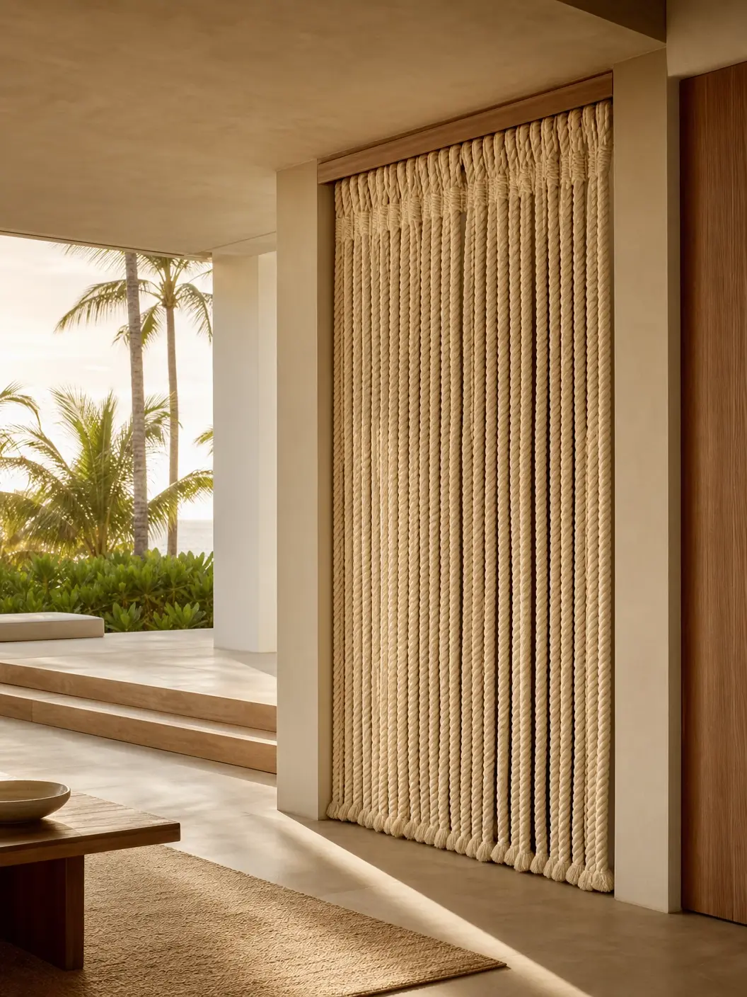 Painel de cordas náuticas em casa de praia com vista para coqueiros
