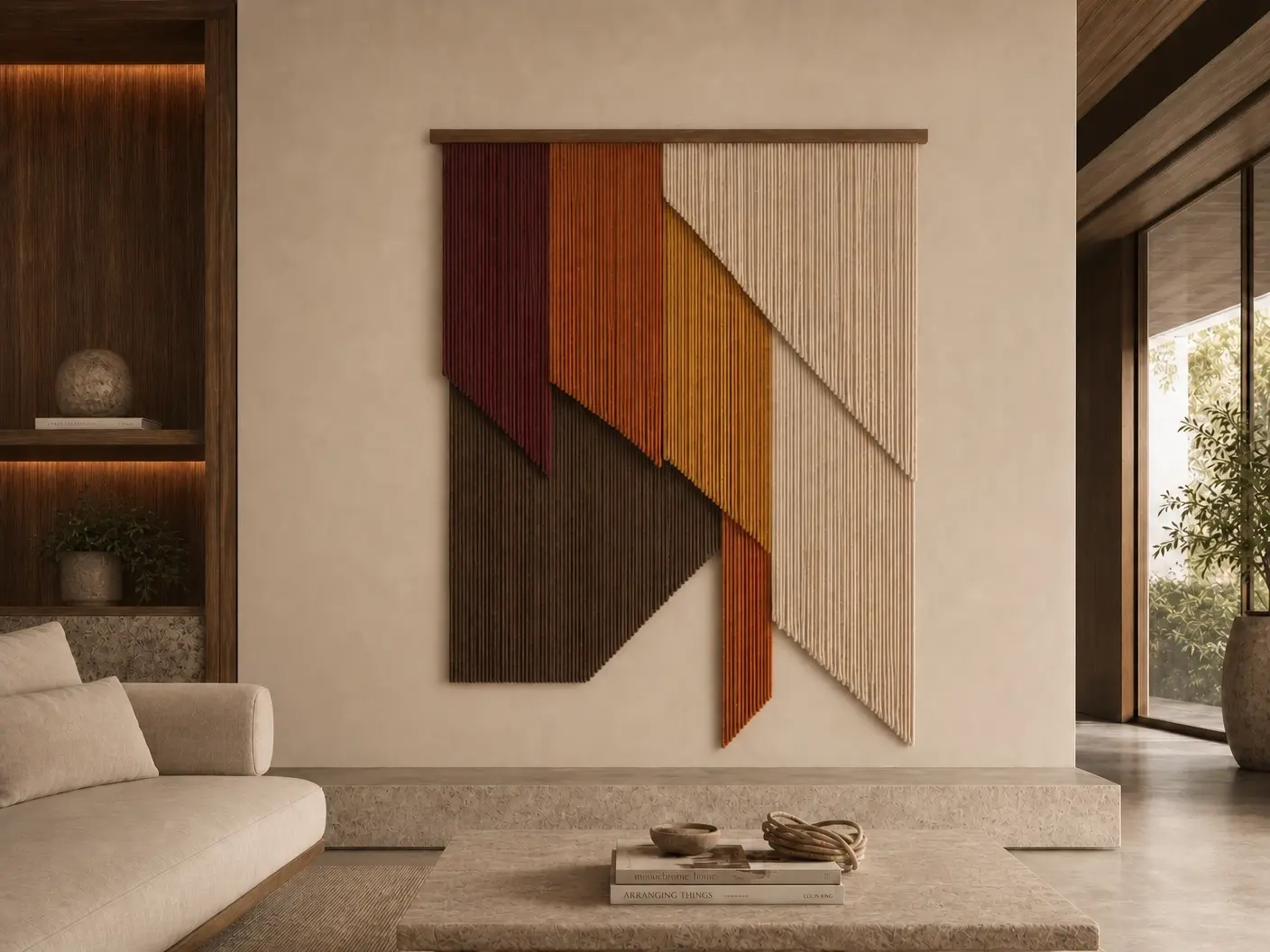 Painel de macramê geométrico em tons terrosos sobre parede bege em sala de estar contemporânea