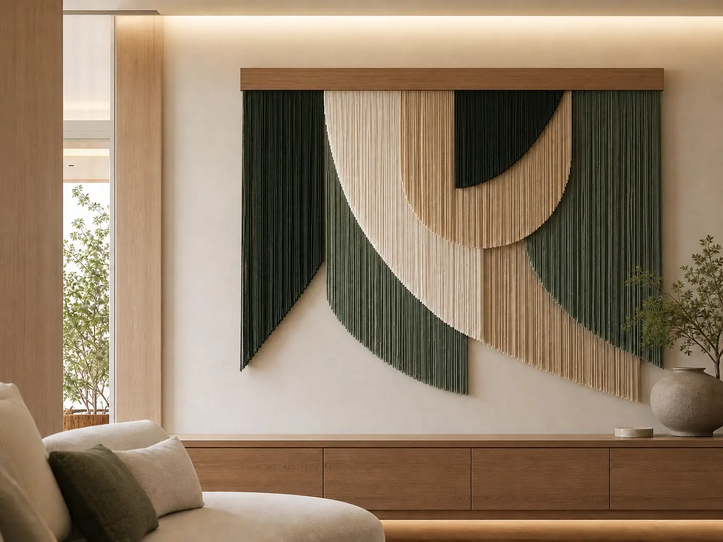 Painel de macramê dinâmico em tons verde musgo e cru sobre suporte de madeira em sala de estar contemporânea