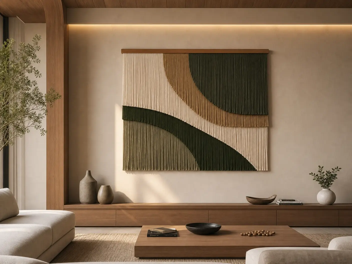 Painel de macramê horizontal com composição geométrica em verde musgo, caramelo e cru sobre parede de sala contemporânea