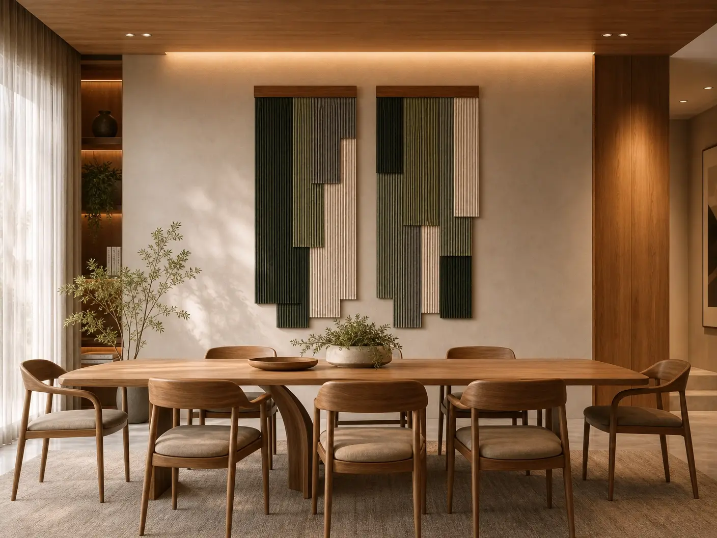 Par de painéis de macramê geométricos em verde, cinza e cru sobre sala de jantar com mesa de madeira