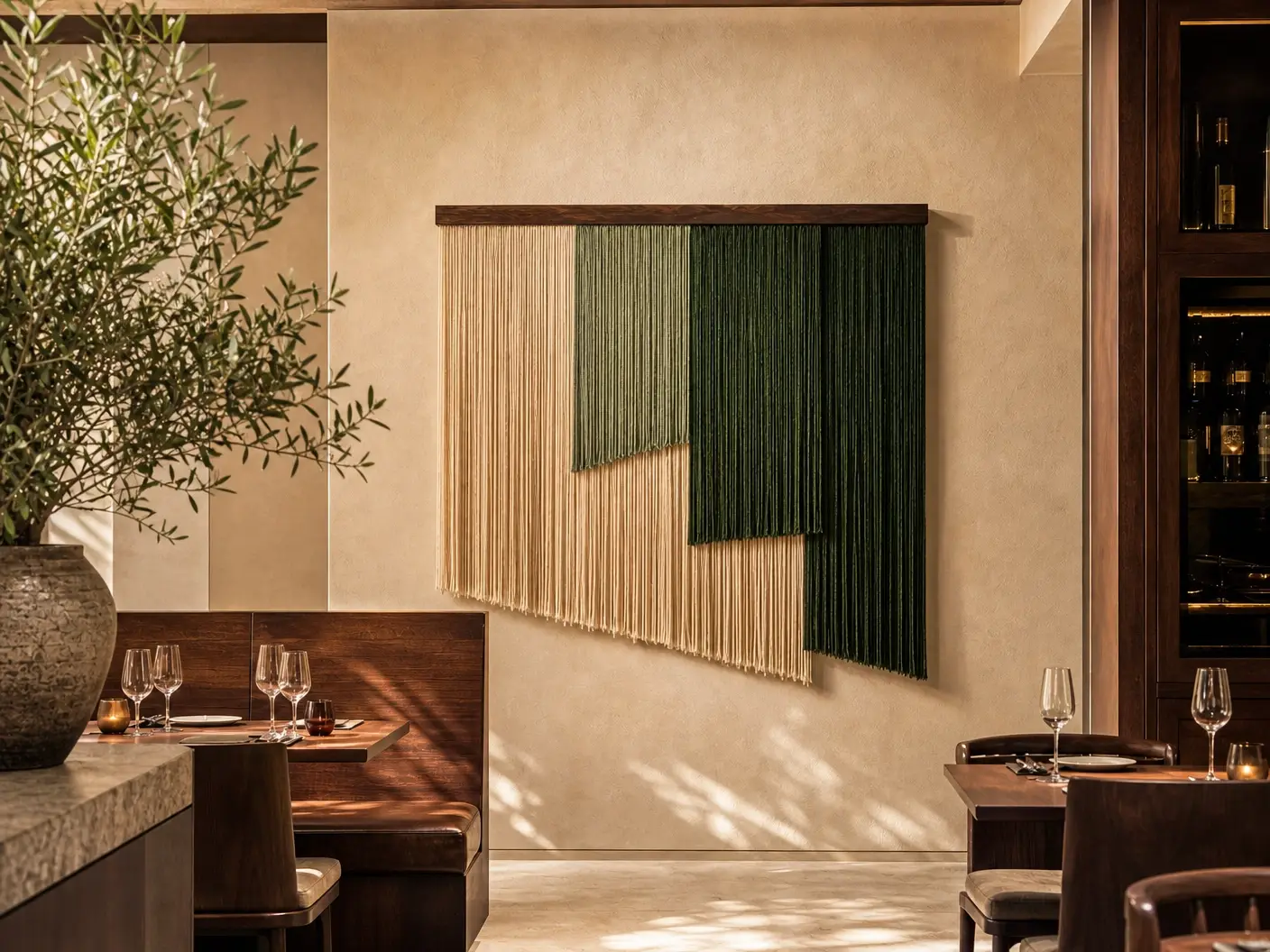 Painel de macramê em cru e verde sobre parede bege em restaurante com oliveira e adega